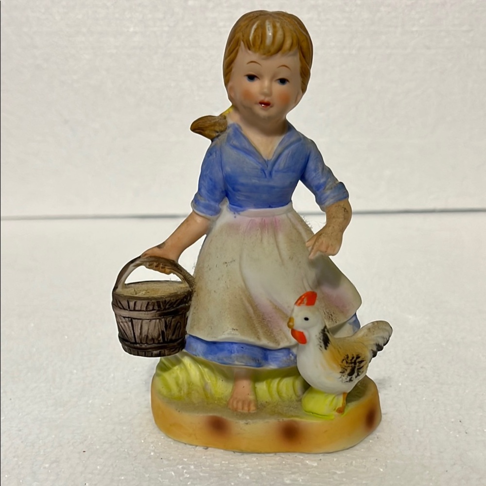 Vintage 1975 Enesco Girl with Red Hair- Basket & Chicken Figurine E-5311